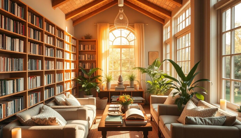 A cozy, sun-drenched meditation library, brimming with neatly organized shelves of meditation-focused audio recordings. Warm, natural light filters through large windows, casting a soft glow over the carefully curated collection. Plush, comfortable seating invites visitors to settle in and immerse themselves in the soothing audio. Scented candles and lush potted plants create a serene, calming atmosphere. Earthy tones and natural wood accents complement the meditative aesthetic. A central table displays a selection of meditation-themed books and journals, beckoning to be explored. Soft, ambient music plays in the background, creating a tranquil soundscape to enhance the meditative experience.