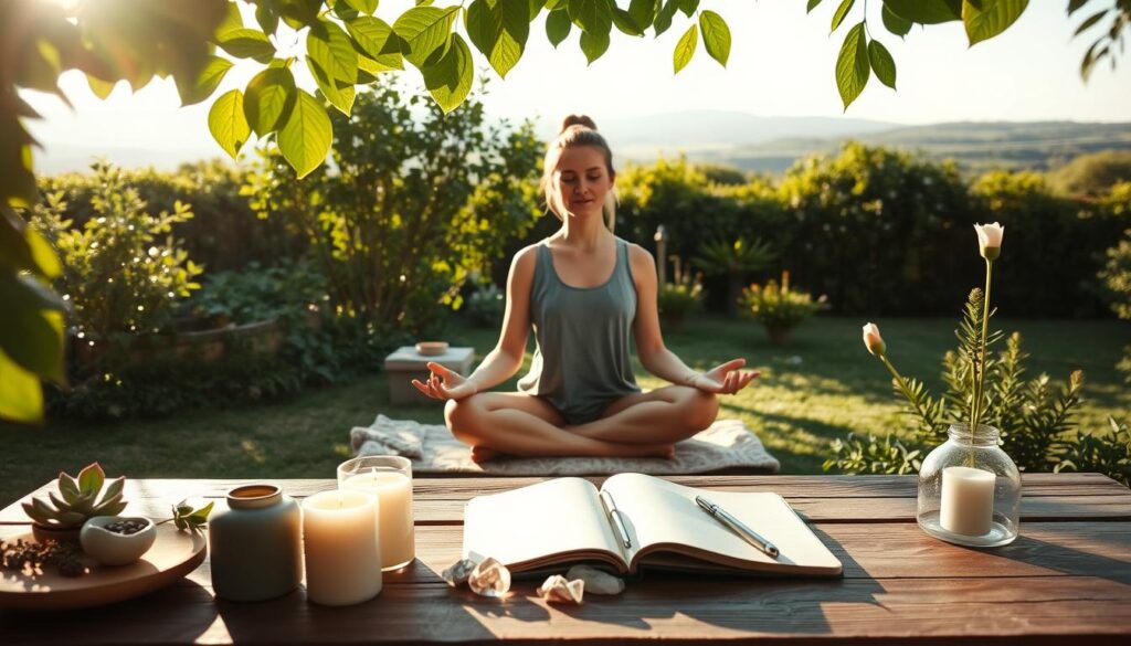A peaceful garden scene with a person sitting in a meditative pose, surrounded by lush greenery and natural elements. Soft, natural light filters through the leaves, creating a serene atmosphere. In the foreground, a table with various mindfulness-based therapy tools, such as candles, crystals, and a journal. The middle ground features a person engaged in a mindfulness exercise, their expression calm and focused. In the background, a tranquil landscape with rolling hills and a distant horizon, conveying a sense of expansiveness and connection to the natural world.