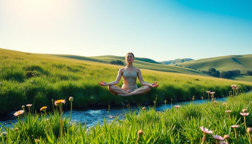 A peaceful meadow in soft natural light, with a person sitting in a lotus position, their eyes closed in deep meditation. The foreground features lush green grass, wildflowers, and a tranquil stream. The middle ground shows the meditating figure, their body radiating a sense of inner calm and balance. The background depicts rolling hills and a clear blue sky, creating a serene and harmonious atmosphere. The overall scene conveys the physical and mental benefits of meditation, reducing anxiety and promoting well-being.