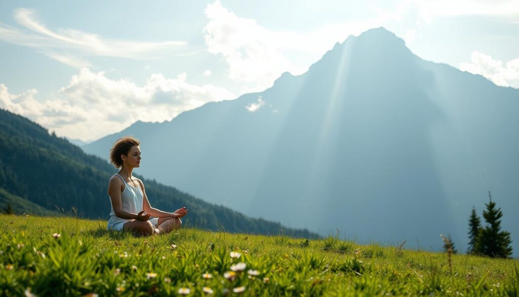 A peaceful meadow overlooked by a majestic mountain range. Soft natural light filters through wispy clouds, illuminating a lone meditating figure sitting in a cross-legged lotus position. The figure's expression is serene, their eyes closed in deep contemplation. Lush greenery surrounds them, with delicate wildflowers dotting the foreground. The atmosphere is one of tranquility and introspection, inviting the viewer to experience the restorative benefits of meditation.