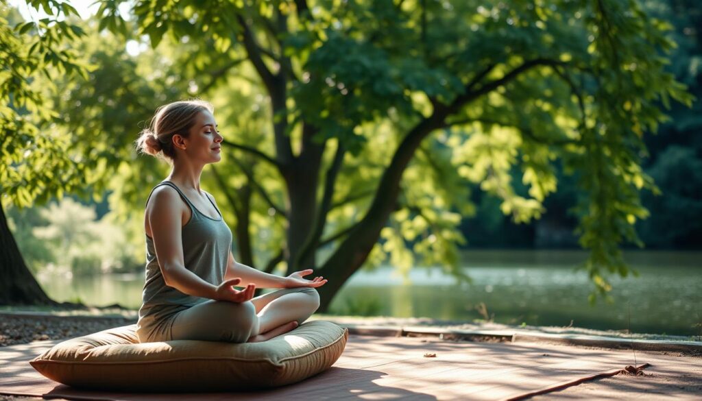 A peaceful meditation practice unfolds in a serene, natural setting. In the foreground, a person sits cross-legged on a plush meditation cushion, their eyes closed and expression tranquil. Soft natural light filters through the leaves of lush green trees in the middle ground, casting a calming glow. In the background, a tranquil body of water reflects the surrounding foliage, contributing to the overall atmosphere of serenity and mindfulness.