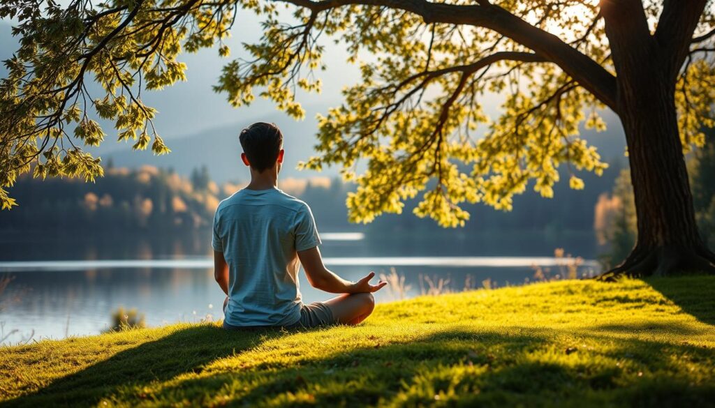A person sitting cross-legged on a grassy knoll, eyes closed in deep meditation. Soft natural light filters through the branches of a nearby tree, casting a warm, serene glow. In the background, a tranquil lake reflects the surrounding landscape, creating a sense of calm and inner peace. The scene evokes a feeling of mindfulness and mental clarity, perfectly capturing the essence of "Meditation for Better Cognitive Function."