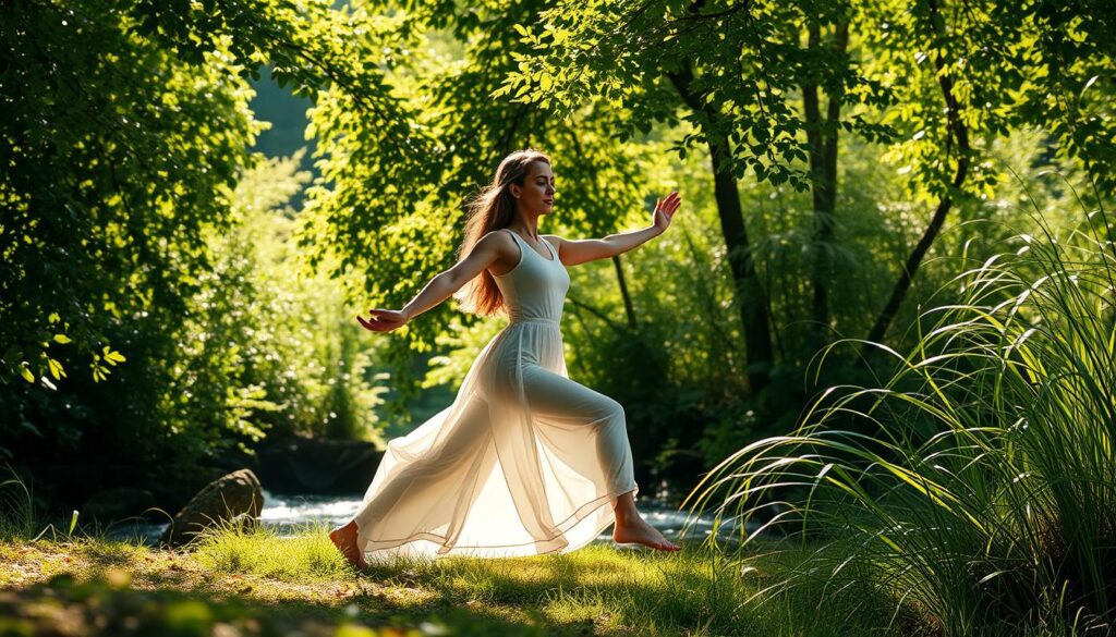 A serene figure in motion, their body flowing gracefully through a tranquil natural setting. Dappled sunlight filters through lush foliage, casting a warm glow on the scene. The individual's movements are fluid and intentional, a meditation in physicality. Their expression is one of deep focus and inner peace, as they lose themselves in the rhythm of their practice. The background is lush and verdant, with details like a gently meandering stream or swaying grasses to create a sense of harmony and connection with the natural world. The overall atmosphere is calming, inviting the viewer to pause and reflect on the beauty of mindful movement.