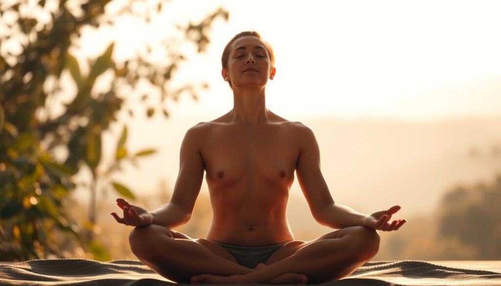 A serene figure sits cross-legged, eyes closed, deeply immersed in a body scan meditation. Warm, diffused natural light bathes the scene, creating a calming atmosphere. The person's expression is peaceful, their breath slow and steady. Shadows play gently across the contours of the body, highlighting the connection between the physical and the mental. The background is a tranquil natural setting, with soft foliage and a hint of a distant horizon, further enhancing the sense of tranquility and introspection.