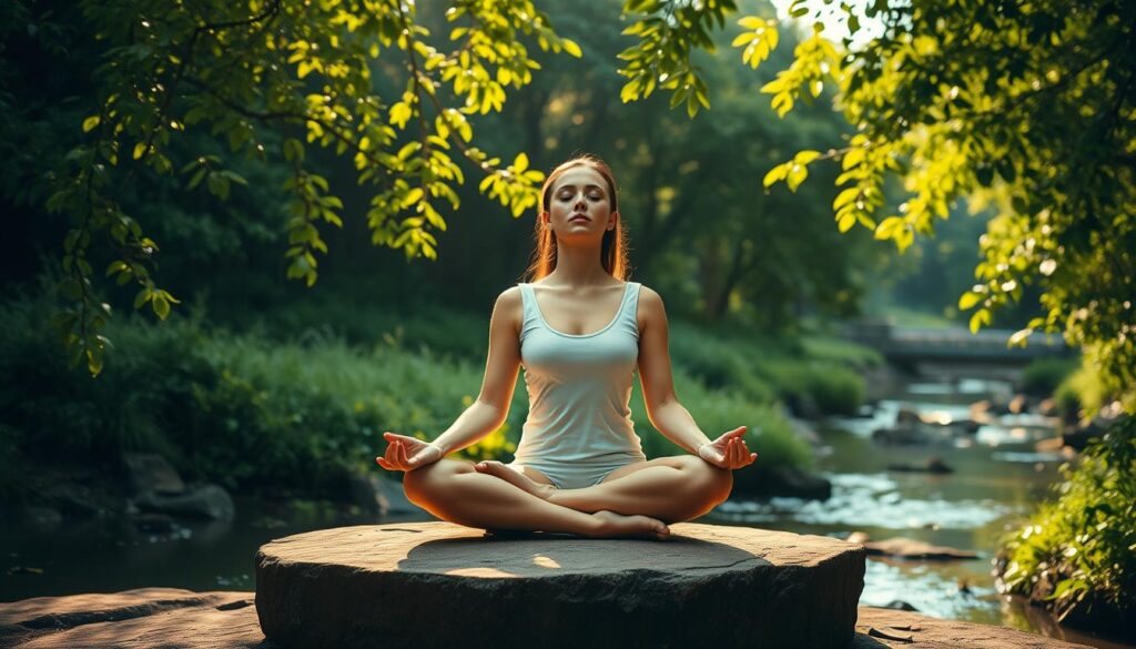 A serene figure sits cross-legged on a natural stone platform, eyes closed in deep contemplation. Soft, golden light filters through the canopy of lush, verdant foliage, casting a gentle glow on the scene. In the background, a tranquil stream meanders, its soothing sounds complementing the peaceful atmosphere. The model's posture exudes a sense of balance and inner calm, inviting the viewer to partake in the meditative experience. The overall composition captures the essence of a morning meditation routine, where the practitioner is fully immersed in the present moment, disconnected from the outside world.
