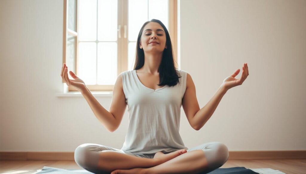 A serene figure sits cross-legged, palms upturned, eyes gently closed, immersed in deep, focused mantra meditation. Soft, natural light filters through an open window, casting a warm, diffused glow on the meditator's face. The background is a minimalist, calming space, with muted, earthy tones complementing the meditation practice. A sense of inner peace and contemplation permeates the scene, inviting the viewer to join in the tranquil, grounding experience of mantra meditation.