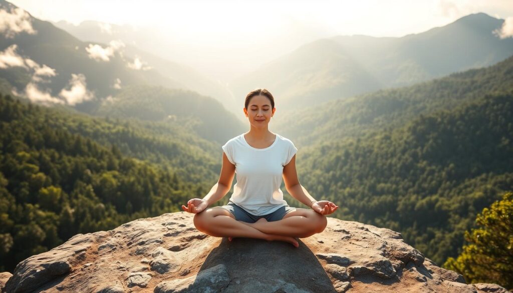 A serene figure sitting in a cross-legged lotus position on a secluded mountain ledge, bathed in soft natural light filtering through wispy clouds. The landscape behind them is a lush, verdant forest valley stretching into the distance, creating a sense of tranquility and oneness with nature. The person's eyes are closed, their face expressing a peaceful, meditative state as they focus inward. The overall scene conveys a calming, introspective atmosphere, perfectly suited to illustrate a beginner's guide to meditation.