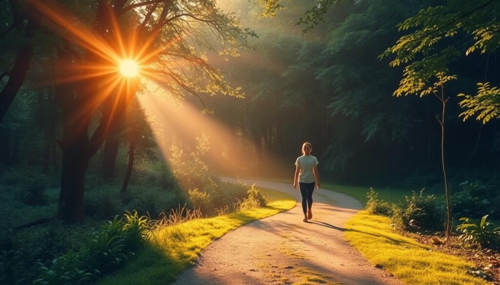 A serene landscape bathed in warm, natural light. A tranquil path winds through a lush, verdant forest, inviting the viewer to embark on a meditative journey. In the foreground, a person walks mindfully, their steps measured and deliberate, their gaze focused inward. Sunlight filters through the canopy, casting a gentle, soothing glow over the scene. The atmosphere is one of calm contemplation, a moment of respite from the bustling world. The soft colors and organic textures create a sense of harmony and balance, guiding the viewer towards a state of inner peace and clarity.