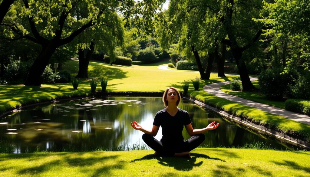 A serene meditation garden, with a peaceful pond reflecting the sky. In the foreground, a person sits cross-legged, eyes closed, palms facing upwards in a meditative pose. Soft natural light filters through the trees, casting gentle shadows. The background features lush greenery, with a path winding through, inviting the viewer to join in the tranquil moment. The overall atmosphere is one of calm, introspection, and connection with nature.