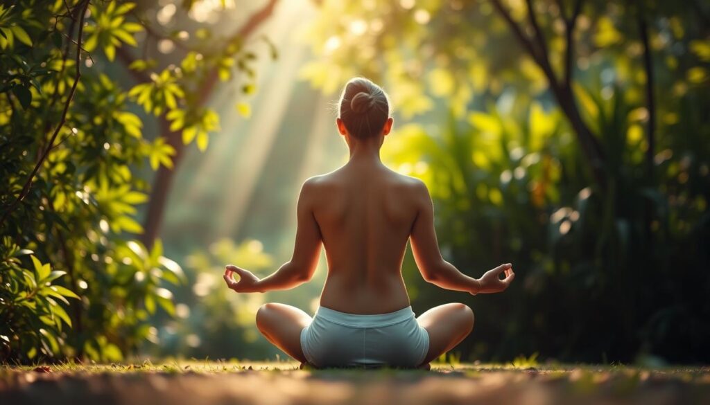 A serene meditation pose in a tranquil, natural setting. Legs crossed, back straight, hands resting gently on the lap. Soft, diffused natural light filters through lush, verdant foliage, casting a warm, calming glow. The figure is centered in the frame, conveying a sense of focus and inner peace. The background is blurred, allowing the viewer to concentrate on the meditating subject. The overall atmosphere is one of stillness, mindfulness, and a connection to the natural world.