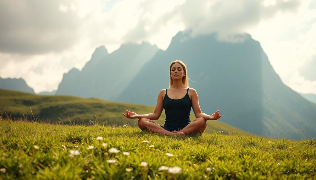 A serene meditation practice in a natural setting. A person sits cross-legged on a lush, verdant meadow, surrounded by towering mountains in the background. Soft, natural light filters through the clouds, casting a warm, diffused glow over the scene. The meditator's eyes are closed, their expression one of deep focus and tranquility. Delicate wildflowers dotting the foreground add a sense of peaceful harmony. The atmosphere is calming and contemplative, inviting the viewer to join in the meditative experience.