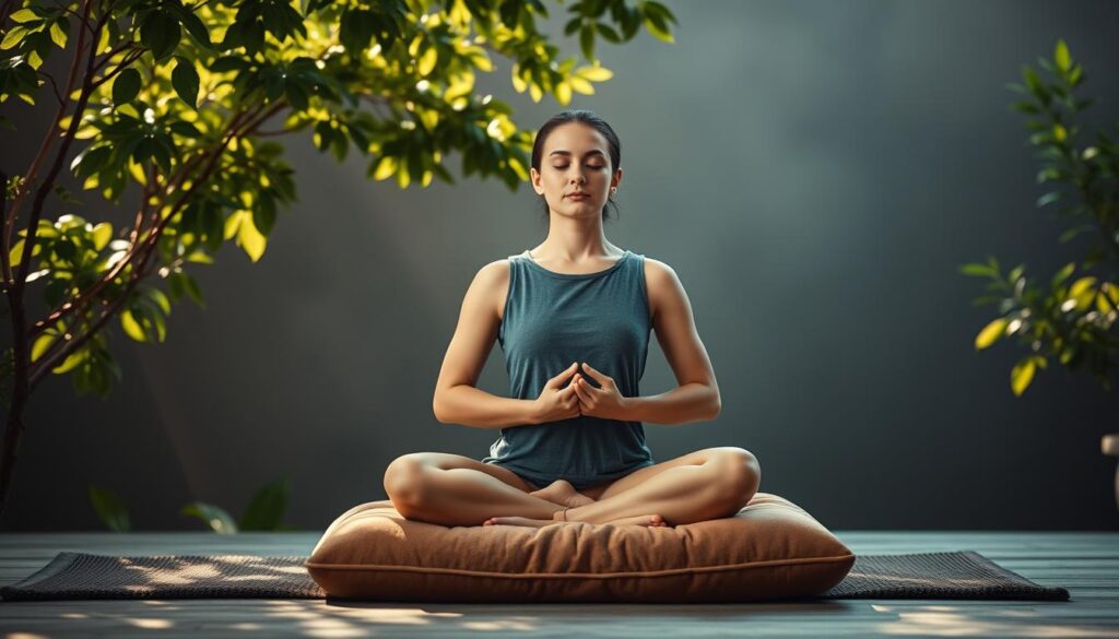 A serene meditation practice unfolds in a tranquil, natural setting. A person sits cross-legged on a plush, earthy-toned cushion, eyes gently closed, hands resting palms-up on their lap. Soft, natural light filters through verdant foliage, casting a warm, calming glow. The background features a harmonious blend of muted greens, browns, and blues, evoking a sense of peaceful tranquility. The composition is balanced, with the meditator as the focal point, surrounded by the soothing elements of the natural world.