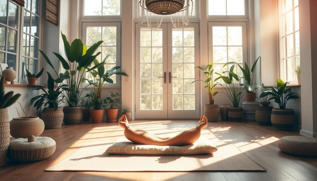 A serene meditation practice unfolds in a tranquil setting. A person sits cross-legged on a cushion, their gaze softly focused inward. Warm natural light filters through large windows, casting a gentle glow over the scene. Lush indoor plants and earth-toned decor create a soothing, nature-inspired ambiance. Soft shadows and a calming color palette evoke a sense of peace and introspection. The overall composition conveys a state of mindfulness, inviting the viewer to pause and reflect.