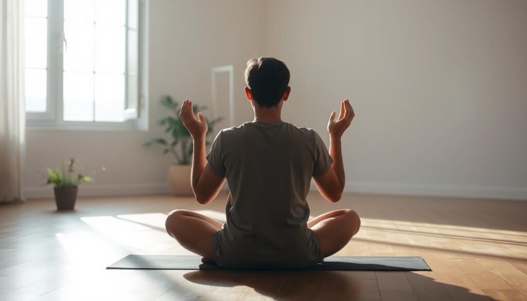 A serene meditation space, bathed in natural light. In the foreground, a person sits cross-legged, palms upturned, deeply immersed in a state of focused contemplation. The middle ground features a simple, minimalist environment - a wooden floor, a few plants, and a subtle hint of a tranquil landscape beyond an open window. The lighting is soft and diffused, creating a calming, introspective atmosphere. The entire scene conveys a sense of mindfulness, clarity, and the cognitive benefits that arise from a regular meditation practice.