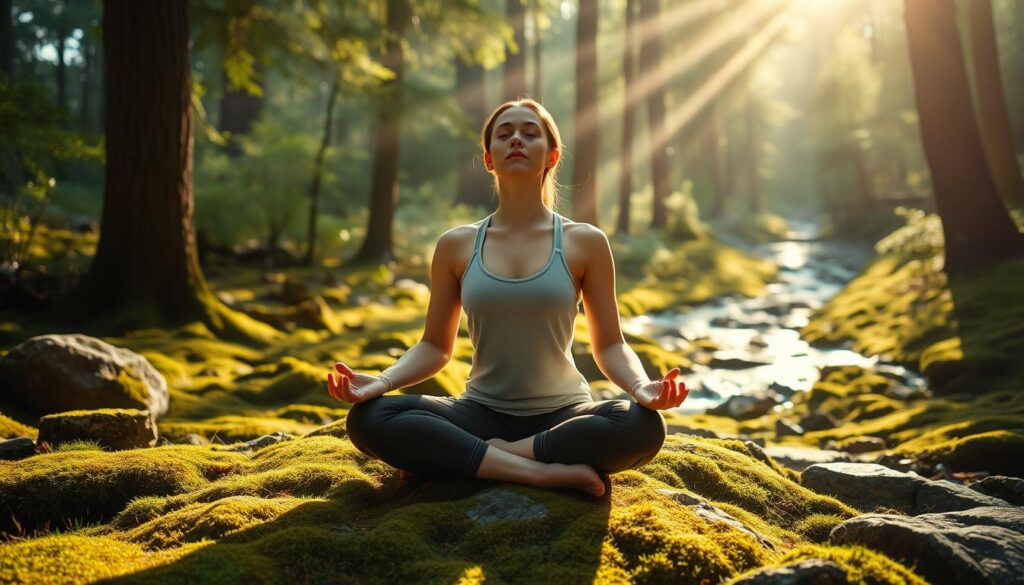 A serene, meditative figure sits cross-legged in a sunlit forest glade, bathed in soft, natural light. The figure's expression is one of deep contemplation, their eyes closed as they focus inward. The surrounding landscape is lush and verdant, with towering trees and a carpet of moss-covered rocks. In the distance, a gently flowing stream winds its way through the scene, adding to the calming ambiance. The overall atmosphere is one of tranquility and introspection, perfectly capturing the essence of movement-based meditation.