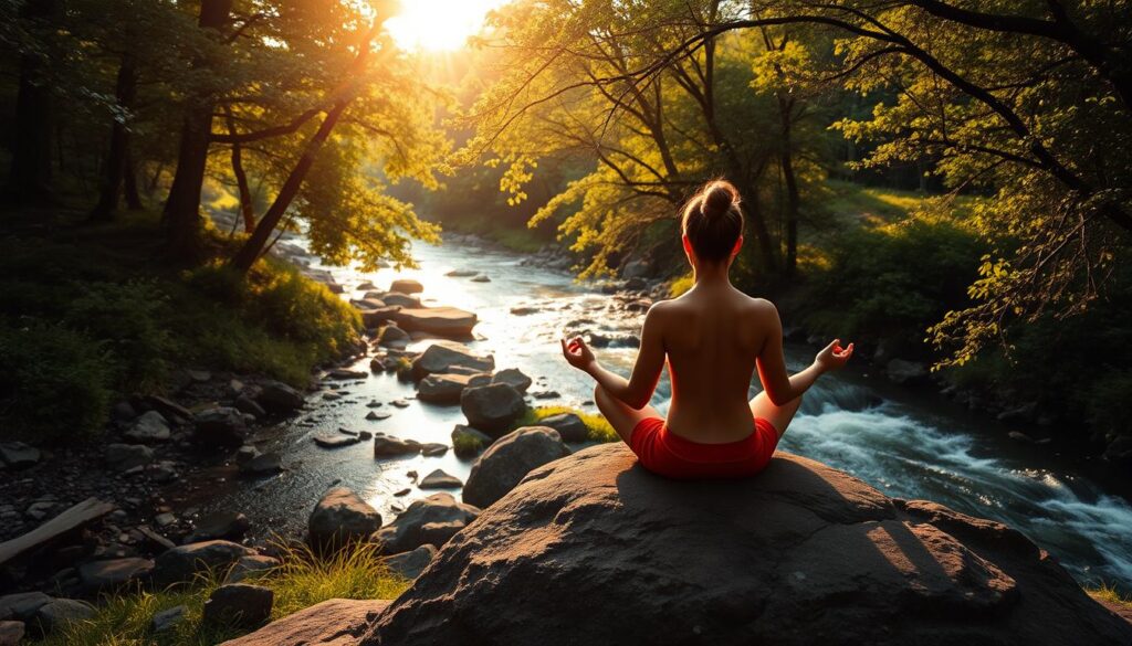 A serene outdoor setting with a person in a lotus position meditating on a rocky outcrop, surrounded by lush greenery and a calm, flowing river in the background. Warm, natural sunlight filters through the canopy of trees, casting a gentle glow on the scene. The overall atmosphere is one of tranquility and inner focus, allowing the viewer to reflect on the common challenges faced during meditation and how to overcome them.
