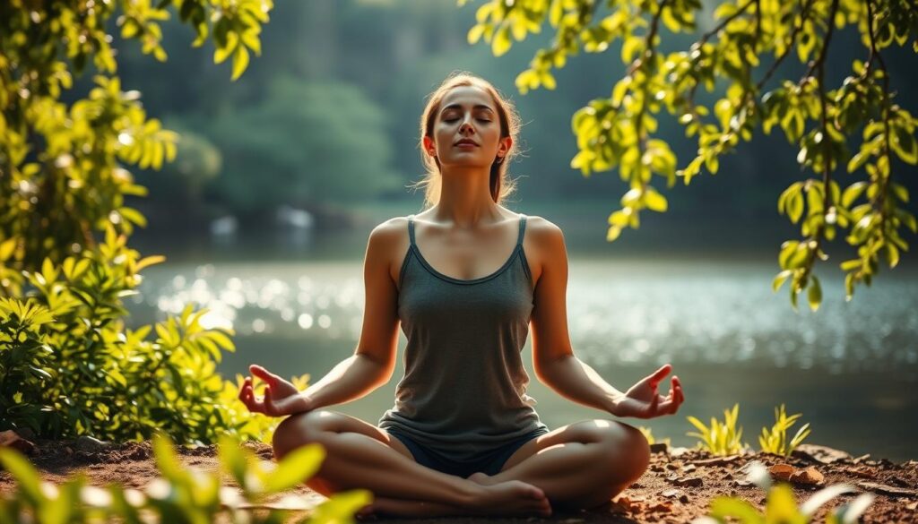 A serene scene of a person in lotus position, eyes closed, meditating amidst a tranquil natural landscape. Soft, natural lighting filters through lush, verdant foliage, casting a gentle glow on the meditator's face. The background features a tranquil body of water, its surface reflecting the surrounding beauty. A sense of inner peace and spiritual connection permeates the atmosphere. The composition is balanced, drawing the viewer's attention to the central figure engaged in deep, mantra-focused meditation. The overall mood is calming, inviting the viewer to feel the power of sacred sound and enter a state of profound stillness.