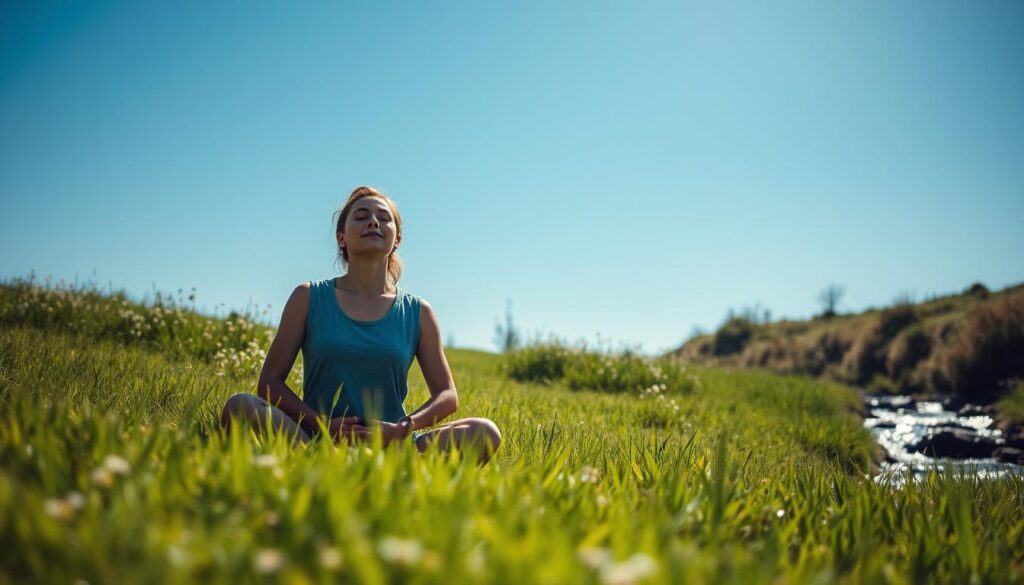 A serene, sunlit meadow stretches out under a clear blue sky. In the foreground, a person sits cross-legged on the grass, eyes closed in meditation, their expression one of deep focus and inner calm. The background is dotted with lush, swaying wildflowers and a gently flowing stream, creating a soothing, natural atmosphere. Soft, natural lighting illuminates the scene, casting a warm, comforting glow. The overall tone is one of tranquility and mindfulness, conveying the message of finding peace and solace in the present moment.