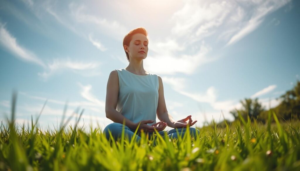 A tranquil meadow bathed in soft, natural light. In the foreground, a person sits in a lotus position, their eyes closed and expression serene. Their hands rest gently on their lap, fingers lightly touching. Wispy clouds drift across a bright, azure sky in the background, casting delicate shadows on the lush, verdant grass below. The scene exudes a sense of deep inner peace and mindfulness, capturing the essence of different meditation techniques.