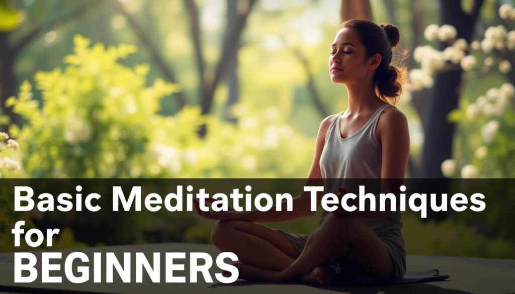 A tranquil scene of a person sitting in a comfortable lotus position, eyes closed, hands resting gently on their lap, surrounded by a serene natural environment. The figure is bathed in warm, diffused natural light, creating a calming, meditative atmosphere. In the background, a lush forest or garden with vibrant greenery and gentle blossoms, conveying a sense of peace and harmony. The composition is balanced, with the subject centered and the background elements providing a complementary, soothing visual backdrop. The overall image evokes the essence of basic meditation techniques for beginners, inspiring a sense of inner calm and mindfulness.