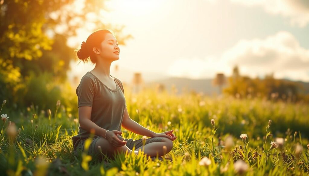 A tranquil scene of a person sitting in a serene, sun-dappled meadow, eyes closed in contemplation. Soft, warm light filters through lush greenery, creating a peaceful, natural atmosphere. The figure's posture exudes a sense of inner calm and compassion, radiating a serene, meditative presence. Wispy clouds drift overhead, echoing the gentle, unburdened mood. The landscape invites the viewer to pause and connect with the spirit of loving-kindness, a moment of quiet introspection and the cultivation of empathy.