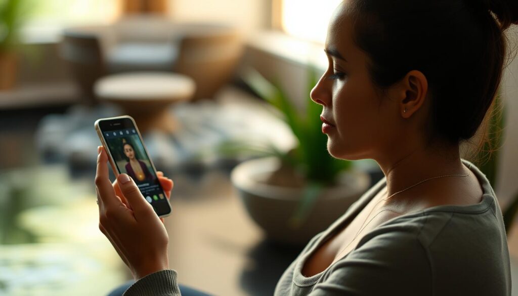 An image of a person meditating with a guided meditation app on their phone