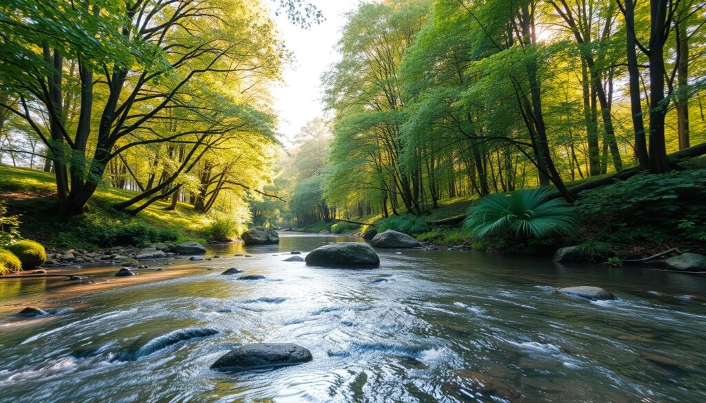 Create an image of a serene landscape with a gentle stream and trees