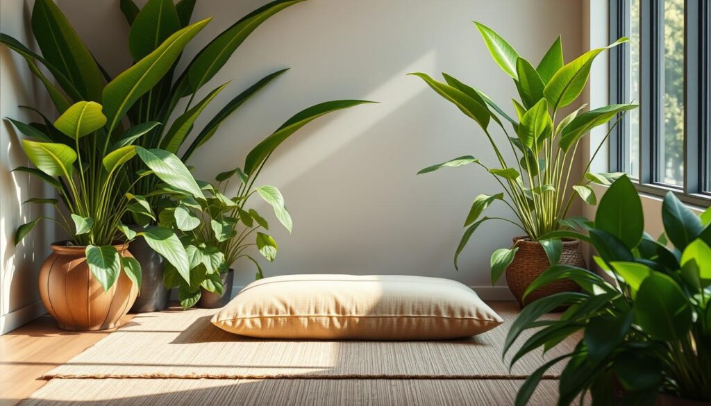 Creating a serene meditation space with a cushion and plants