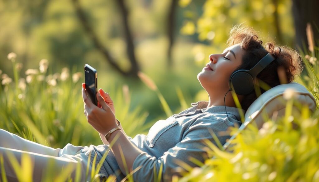 Generate an image of a person listening to a meditation podcast on their phone while relaxing in a peaceful environment.