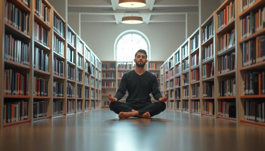 Generate an image of a person meditating in a peaceful library surrounded by books and academic resources.
