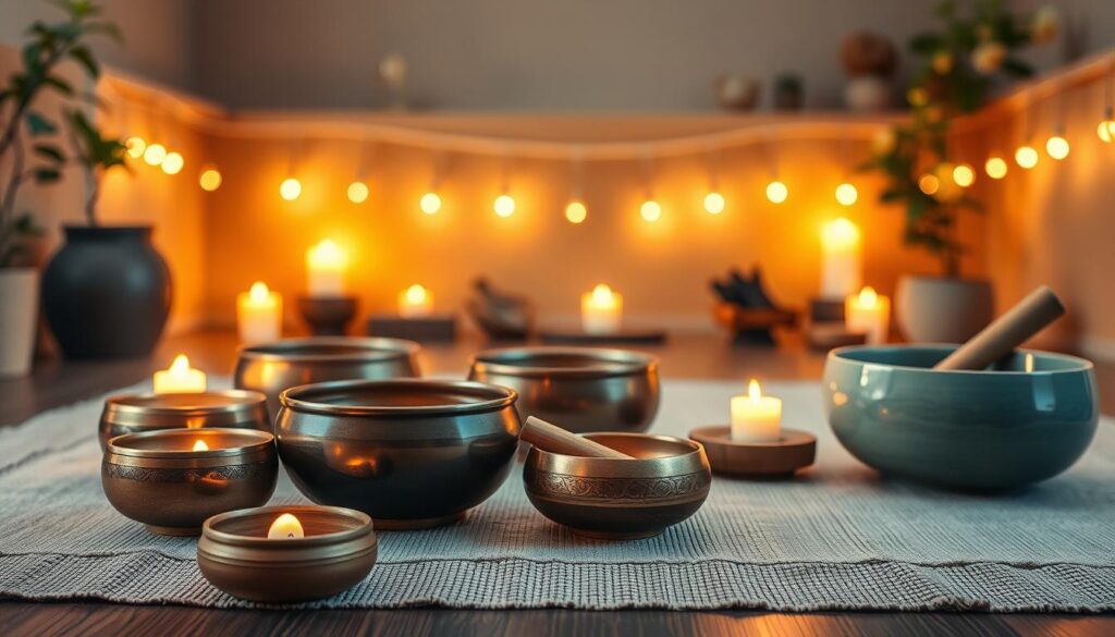 Generate an image of a serene sound bath meditation setting with singing bowls and gongs.