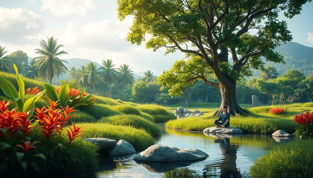 Generate an image representing a serene environment with elements of nature and a person meditating.