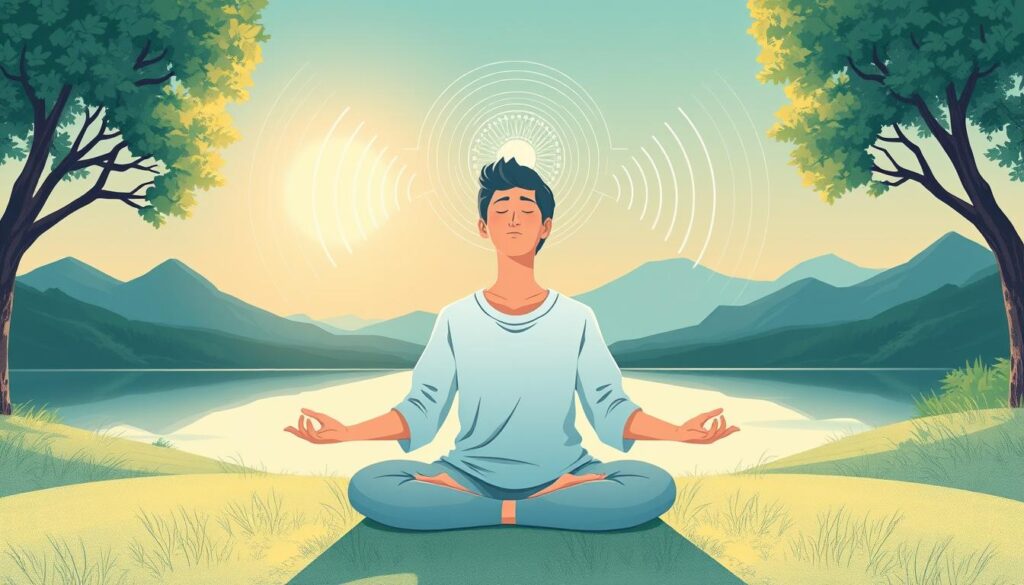 Image of a person meditating with a serene background and a subtle sound wave visualization