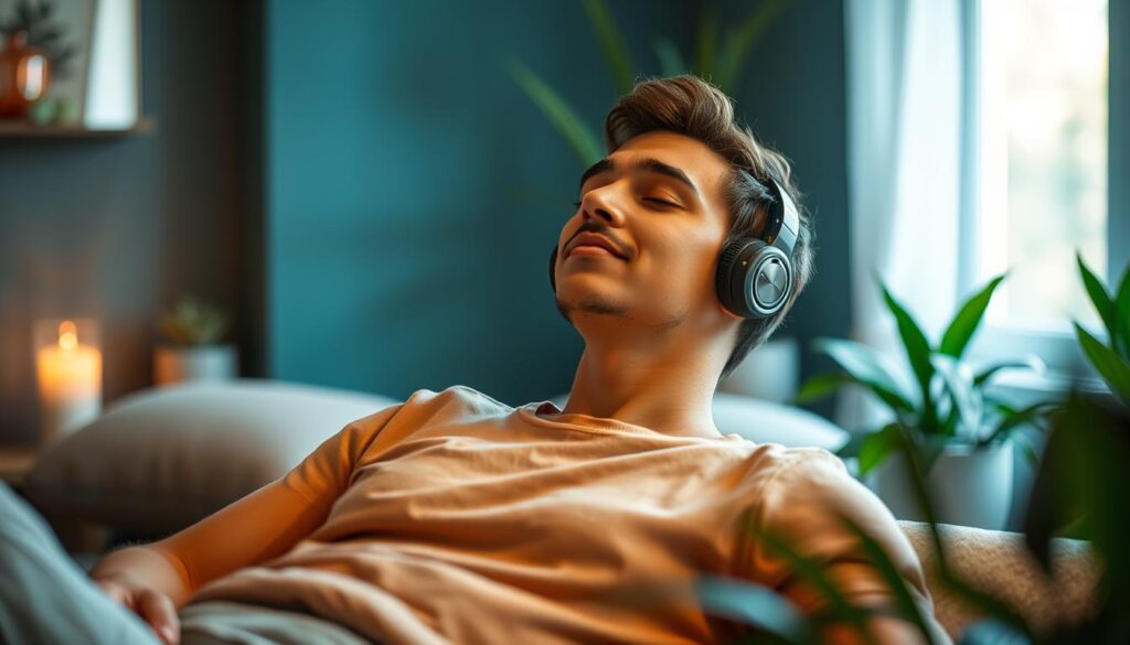 Image of a person relaxing while listening to meditation audio