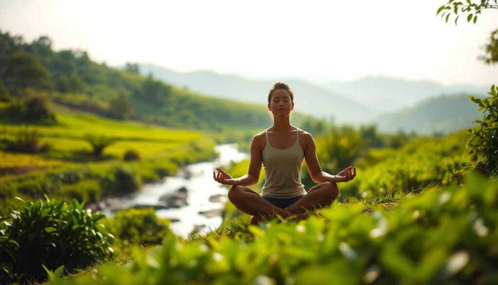 Serene landscape with a person meditating in a peaceful lotus position, surrounded by lush greenery and a calming natural light. The foreground features the person's silhouette in a meditative pose, their eyes closed, radiating a sense of tranquility and focus. The middle ground showcases vibrant, verdant foliage, with flowing streams and gentle rolling hills in the distance. The background is a soft, hazy sky with diffused sunlight, creating a warm, soothing atmosphere. The overall scene conveys the physical and mental benefits of regular meditation, promoting a sense of harmony and wellbeing.