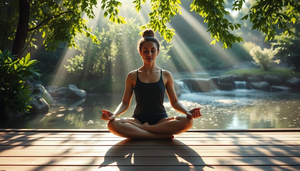 Serene meditation practice in a sunlit, natural setting. A figure sits cross-legged on a wooden deck, surrounded by lush greenery and a tranquil pond. Soft morning light filters through the foliage, casting a warm glow on the meditator's face. The atmosphere is one of peace and contemplation, with the gentle sound of water flowing in the background. The camera angle is from a slightly elevated perspective, capturing the full scene in a calming, naturalistic composition.