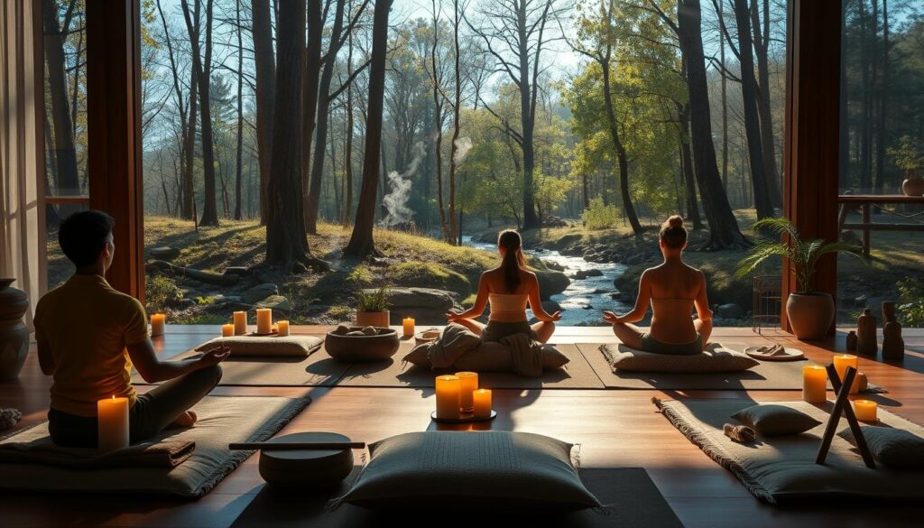 Serene meditation sanctuary, bathed in soft natural light. Foreground: Various meditation postures - lotus, cross-legged, lying down - on plush meditation cushions. Middle ground: Candles flickering, incense wisps, potted plants, and natural wood elements. Background: Tranquil forest scene with sun-dappled trees, gentle stream, and clear blue sky. Convey a sense of calm, introspection, and connection with nature. Cinematic, high-quality lens. Detailed, photorealistic.