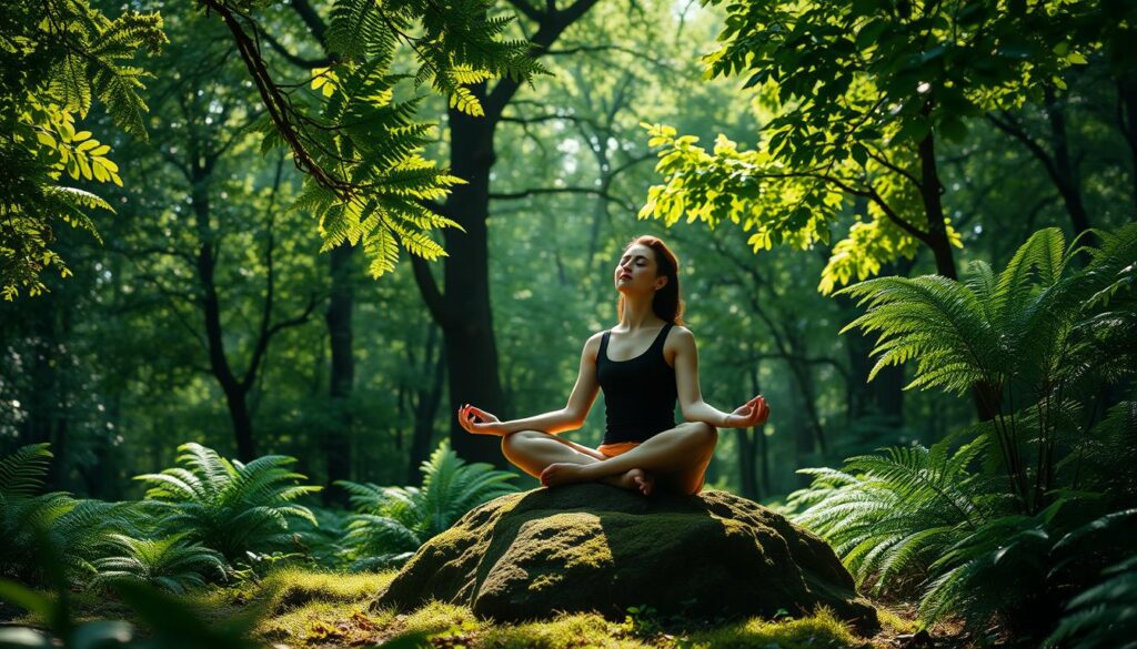 Serene scene of a person meditating in a peaceful forest glade, bathed in soft natural light filtering through the canopy of lush green foliage. The figure sits cross-legged on a moss-covered rock, eyes closed in deep contemplation, exuding a sense of calm and tranquility. Verdant trees and ferns frame the tranquil setting, creating a soothing, restorative atmosphere ideal for relaxation and sleep. Subtle details like the gentle swaying of leaves and the distant chirping of birds enhance the meditative ambiance.
