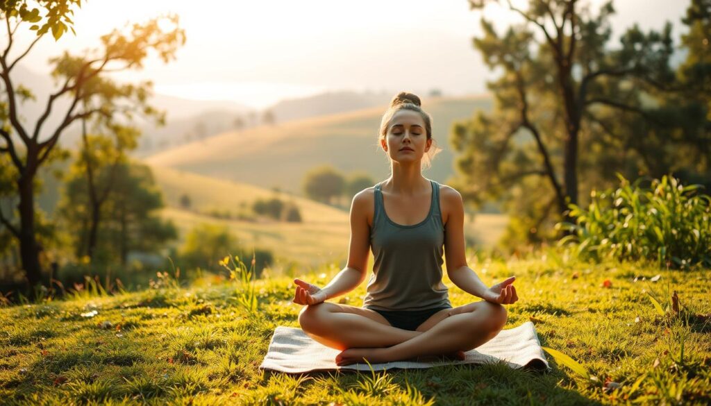 a serene and tranquil scene of a person meditating in a natural setting, surrounded by lush greenery and bathed in warm, natural light. The foreground features a person sitting cross-legged on a mat, their eyes closed in deep contemplation, their expression peaceful and calm. The middle ground showcases a calming, natural landscape with rolling hills, trees, and a distant body of water. The background is filled with a soft, hazy atmosphere, creating a sense of serenity and inviting the viewer to join the meditation. The overall mood is one of harmony, relaxation, and a deep connection with the physical self and the natural world.