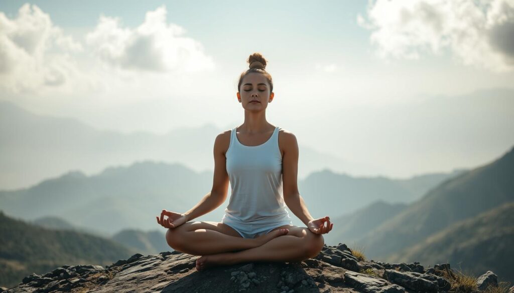 a serene, focused individual sitting in a meditative pose on a mountain peak, bathed in soft, natural light filtering through the clouds. their eyes are closed, their posture is upright and attentive, and their face exudes a sense of inner calm and concentration. the background features a dramatic, rugged landscape with rolling hills, distant peaks, and a hazy, atmospheric quality. the overall scene conveys a sense of tranquility, mindfulness, and a deep connection with the natural world.