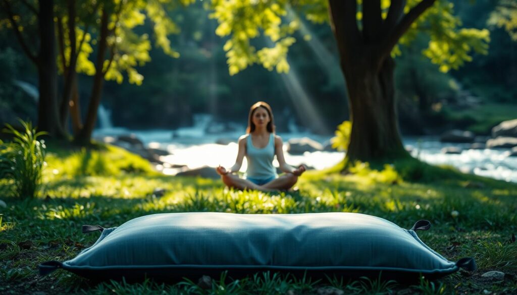 a serene landscape with a meditation cushion in the foreground, surrounded by lush greenery and natural light streaming through the trees. In the middle ground, a person sits in a cross-legged position, their eyes closed and their expression peaceful. The background features a calming, natural scene with a flowing stream or river, creating a sense of tranquility and balance. The overall atmosphere is one of relaxation, inner harmony, and emotional resilience.