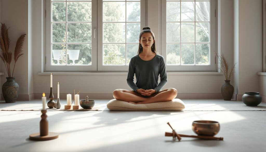 a serene meditation room, bathed in soft natural light streaming through large windows overlooking a tranquil garden. A person sits cross-legged on a plush cushion, eyes closed, hands resting gently on their lap, expression peaceful and contemplative. Around them, various objects associated with meditation practice, such as incense, candles, and a singing bowl, are arranged in a minimalist, harmonious manner. The atmosphere is one of calm focus, with muted colors and a sense of stillness permeating the scene. The overall mood is one of overcoming common meditation challenges, such as restlessness or distractions, through a dedicated, grounded practice.