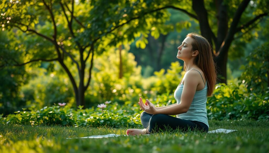 a serene meditation session in a peaceful natural setting. a person sitting cross-legged in the foreground, eyes closed, hands resting gently on their lap, enveloped in a sense of tranquility. the background features a lush, verdant landscape with soft natural lighting filtering through the foliage, casting a warm, gentle glow. the scene conveys a calming, meditative atmosphere, inviting the viewer to experience a moment of contemplation and inner focus.