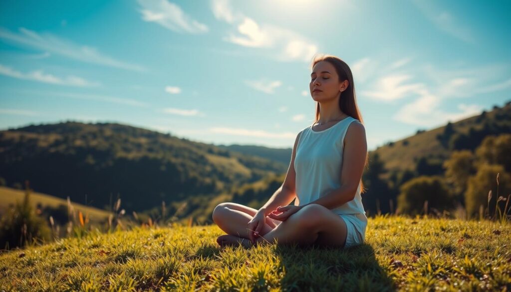 a serene outdoor scene depicting a loving-kindness meditation practice, with a calm and peaceful atmosphere. a person sitting cross-legged on a grassy knoll, basking in the warm, natural light. their face is relaxed, eyes closed, hands resting on their lap in a gentle mudra. the background features lush greenery, rolling hills, and a clear blue sky with wispy clouds. the overall mood is one of tranquility, compassion, and inner connection. the composition is balanced and visually harmonious, inviting the viewer to join in the meditation. the scene has a timeless, meditative quality, reflecting the timeless tradition of this practice.