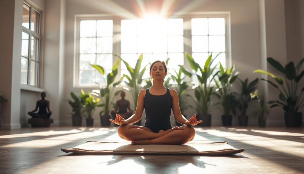 a serene, spacious studio bathed in natural light. In the foreground, a person sits cross-legged on a cushion, palms resting gently on their knees, eyes closed in deep meditation. Soft sunbeams filter through large windows, casting a warm, tranquil glow on the scene. In the middle ground, several different meditation postures are depicted, each emanating a sense of inner peace. The background features lush, verdant plants, their leaves swaying softly, creating a calming, contemplative atmosphere. The overall mood is one of tranquility, focus, and the pursuit of mindfulness.
