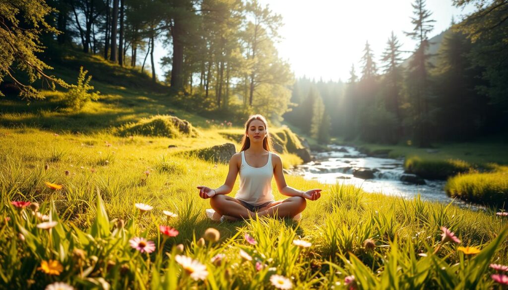 a serene, sun-dappled meadow with lush green grass and vibrant wildflowers, bathed in soft, natural light; in the foreground, a person sitting cross-legged in a lotus position, their eyes closed and their expression calm and peaceful, surrounded by an aura of soft, luminous energy; in the background, a gently flowing stream and a verdant forest with towering trees, creating a tranquil, calming atmosphere that invites contemplation and inner reflection; the scene evokes a sense of harmony, serenity, and the profound connection between the individual and the natural world.