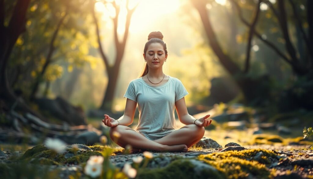 a serene, tranquil scene of a person sitting cross-legged in a lush, natural outdoor setting, meditating with a calm and focused expression, surrounded by a soft, warm natural light that filters through the canopy of trees, creating a sense of peacefulness and inner reflection, with subtle floral elements in the foreground and a gently blurred background of natural elements like rocks, moss, and distant foliage to create a sense of depth and atmosphere, evoking the calming and introspective nature of loving-kindness meditation