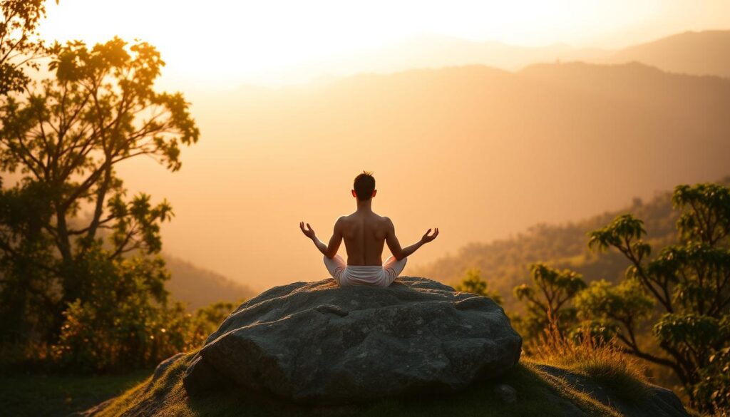 a tranquil, serene scene of spiritual meditation in a natural setting, with a yogi or meditator sitting cross-legged in a lotus position on a rocky outcrop or hilltop, surrounded by lush greenery and rolling hills or mountains in the background, bathed in warm, soft natural light, with a sense of inner peace, focus, and connection to the divine