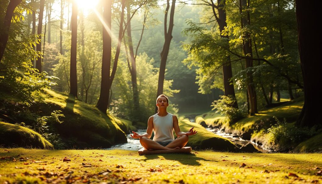 calming, natural, natural light, a peaceful, serene scene of a person meditating in a tranquil, sun-dappled forest clearing. Soft, diffused light filters through the trees, casting a warm glow on the figure sitting cross-legged on a meditation cushion, eyes closed in a state of deep focus. The background is filled with lush greenery, with a gentle stream winding through the scene. A sense of mindfulness and clarity permeates the atmosphere, creating an immersive, productivity-boosting experience.
