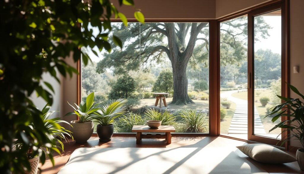 A cozy, sun-dappled meditation nook nestled in a tranquil garden. Soft, natural light filters through lush foliage, casting a serene glow. In the foreground, a plush floor cushion invites one to sit and center the mind. Gently swaying plants and a simple, wooden altar create a minimalist, zen-inspired ambiance. In the middle ground, a large window frames an idyllic outdoor scene, blurring the boundaries between inside and out. Towering trees and a meandering path lead the eye into the distance, evoking a sense of peace and connection with nature. The overall atmosphere is one of calm introspection, encouraging a sustainable mindfulness practice.